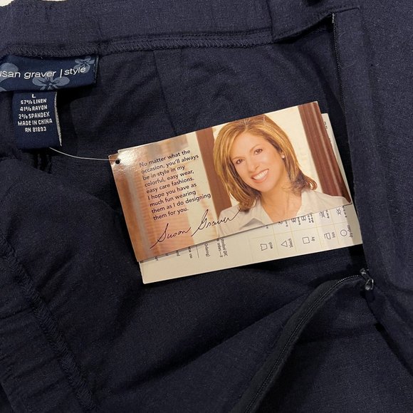 Susan Graver Stretch Linen Cropped Pants, NWT, Navy, L - Picture 2 of 6